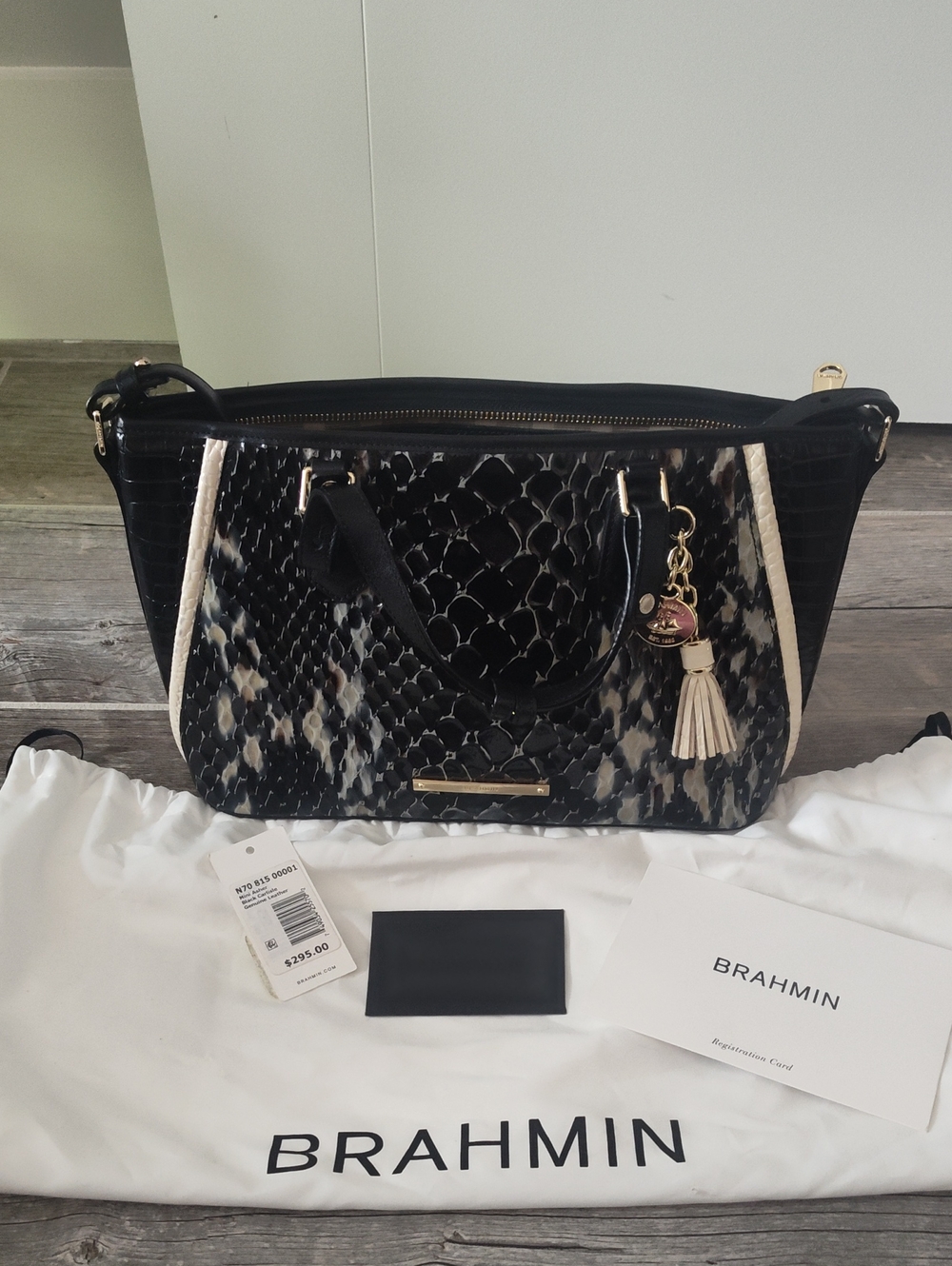 Brahmin Black & Cream Textured Shoulder Satchel with Tassel Charm